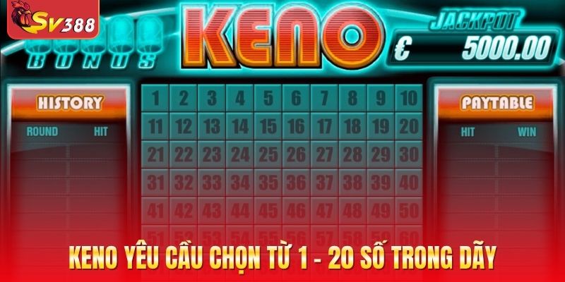 Keno yêu cầu thành viên chọn từ 1 - 20 số trong dãy